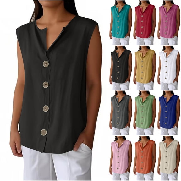 Otntypg Linen Tank Tops for Women Loose Fit Casual Summer Sleeveless Button V Neck Solid Color Tunic Blouse Lightweight Beach Vacation Outfit Clothes 2025 Black XXL