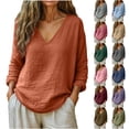 thumbnail image 1 of Otntypg Linen Tops for Women Lightweight Dressy Casual Summer Long Sleeve V Neck Basic Solid Color T-Shirts Trendy Oversized Baggy Pullover Blouse Wine M, 1 of 7