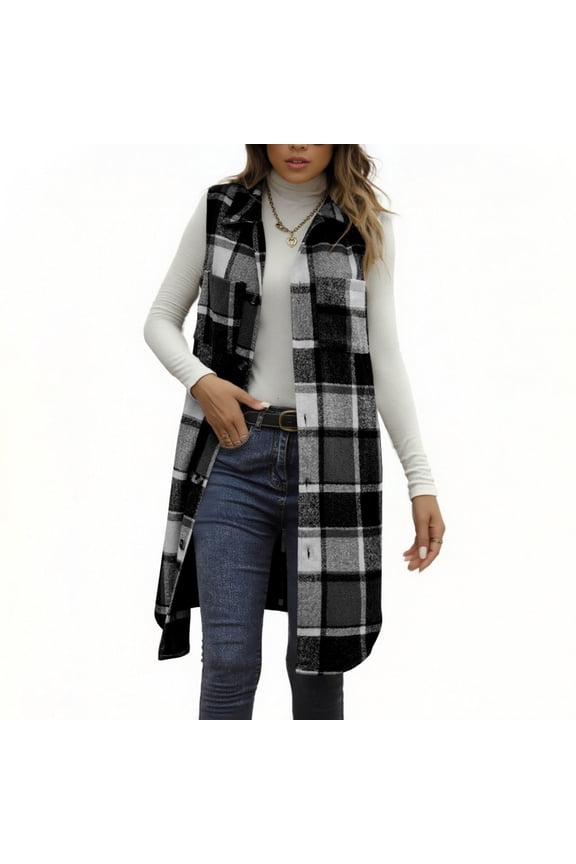 Long Plaid Vest for Women 2025 Fall Winter Sleeveless Blazer Jackets Outerwear Trendy Single Breasted Casual Fashion Jacket Tops with Pockets Black L