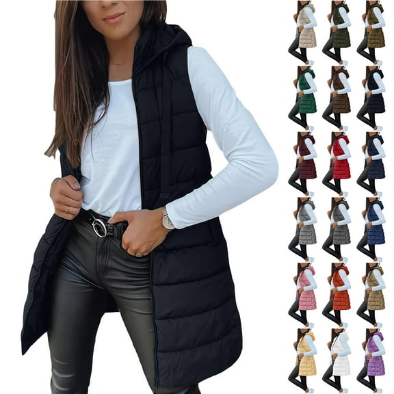 Otntypg Long Puffer Vest Women Quilted Hooded Button Down Zip Up Sleeveless Vests Outerwear Padded Jacket Fall Winter Thermal Coat with Pockets Gray XL