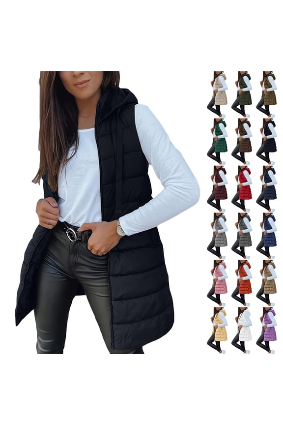 Long Puffer Vest Women Quilted Hooded Button Down Zip Up Sleeveless Vests Outerwear Padded Jacket Fall Winter Thermal Coat with Pockets Gray XL