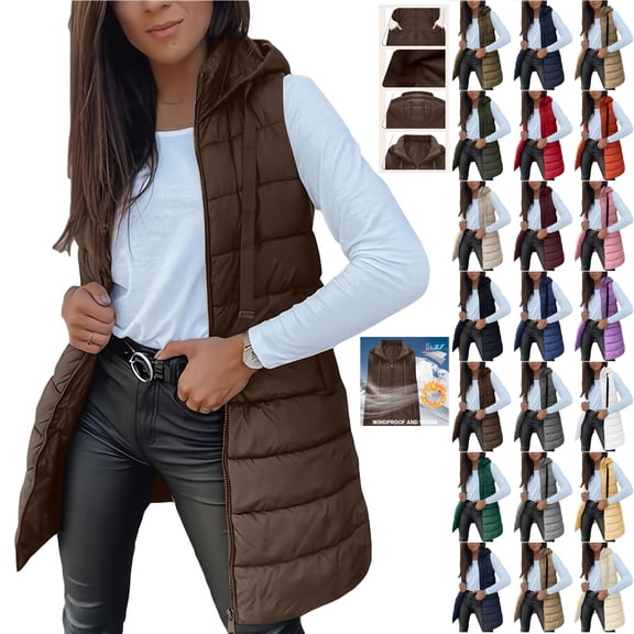 Otntypg Long Puffer Vest Women Quilted Hooded Button Down Zip Up Sleeveless Vests Outerwear Padded Jacket Fall Winter Thermal Coat with Pockets