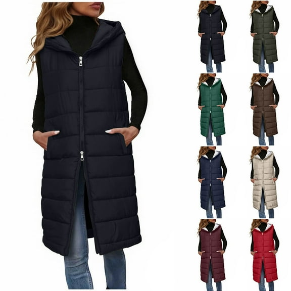 Otntypg Long Puffer Vest Women Sleeveless Two-way Full Zip up Hooded Puffy Jacket Coat Fall Winter Thick Warm Outerwear Vest Gilet with Pockets Navy L