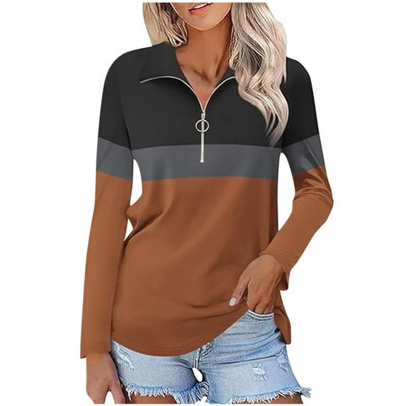 Otntypg Long Sleeve 1/4 Zip up Tunic Shirts for Women Casual Striped Color Block Print Lapel Collared V Neck Pullover Blouse Dark Gray M