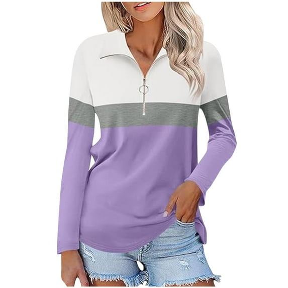 Otntypg Long Sleeve 1/4 Zip up Tunic Shirts for Women Casual Striped Color Block Print Lapel Collared V Neck Pullover Blouse Purple XXL