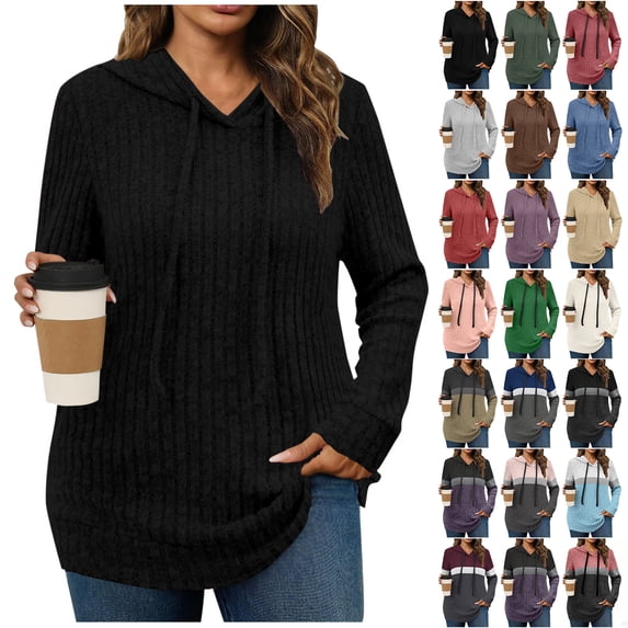 Otntypg Long Sleeve Hoodie Tunic Sweaters for Women Fall Casual Ribbed Knitted Drawstring Hooded Sweater Tops Loose Irregular Hem Blouses Black#01 XL