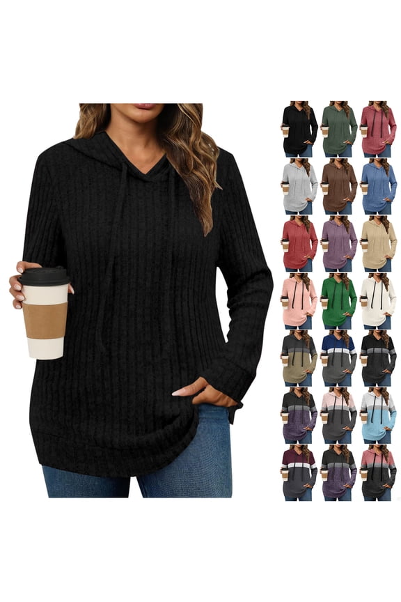 Long Sleeve Hoodie Tunic Sweaters for Women Fall Casual Ribbed Knitted Drawstring Hooded Sweater Tops Loose Irregular Hem Blouses Purple XXL