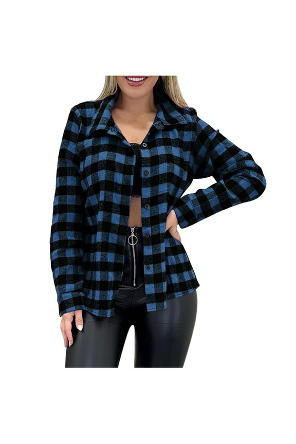 Long Sleeve Plaid Shirts for Women Casual Fall Button Down Flannel Shirts Trendy Lapel Collared Checkered Blouse Tops Blue L
