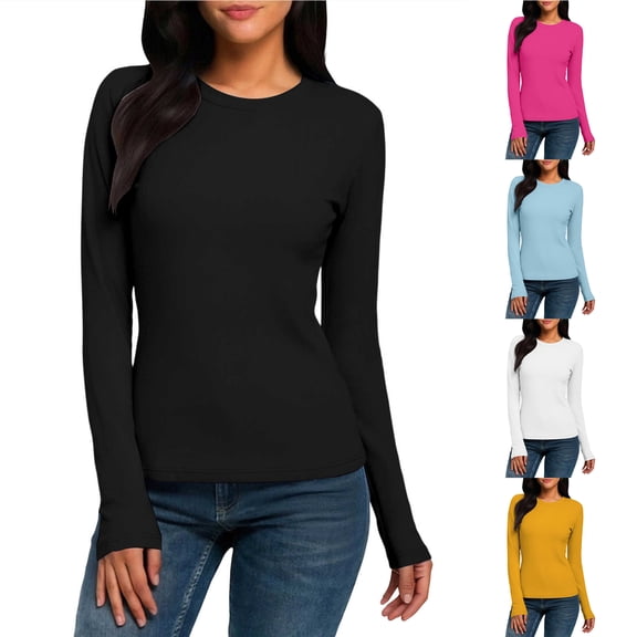 Otntypg Long Sleeve Shirts for Women Crew Neck Lightweight Slim Fit Fall Going Out Tops Underscrub Trendy Basic Solid Color Spring Outfit Clothes Hot Pink S