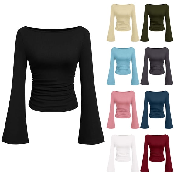 Otntypg Long Sleeve Shirts for Women 2025 Fall Ruched Sides Boat Neck Basic Athletic Workout Tee Casual Fitted Ribbed Knit Crop Tops Army Green L