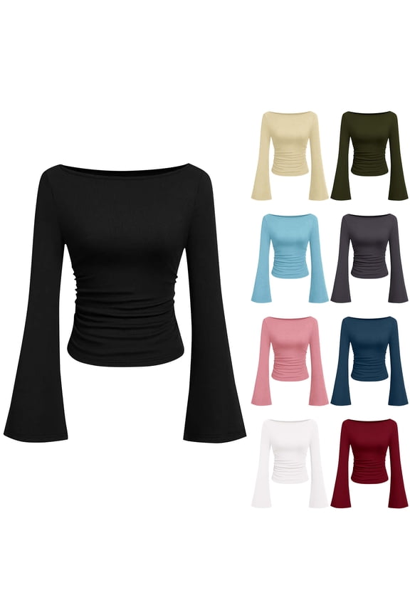 Long Sleeve Shirts for Women 2025 Fall Ruched Sides Boat Neck Basic Athletic Workout Tee Casual Fitted Ribbed Knit Crop Tops Light Blue L