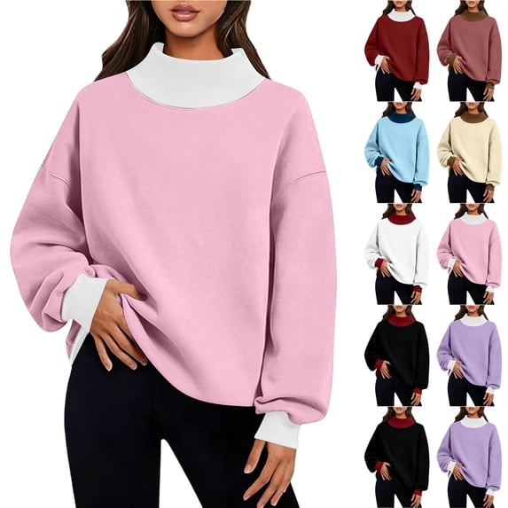 Otntypg Mock Neck Patchwork Sweatshirts for Women Trendy Fall Long Sleeve Color Block Pullover Tops Loose Lightweight Comfy Oversized Sweatshirt