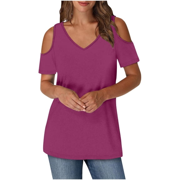 Otntypg Off the Shoulder Tops for Women Dressy Solid Color Summer Short Sleeve Sexy V Neck Tunic Blouse Loose Flowy Cozy Pullover T-Shirts Hot Pink L