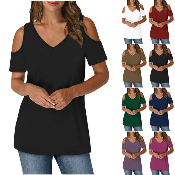 Otntypg Off the Shoulder Tops for Women Dressy Solid Color Summer Short Sleeve Sexy V Neck Tunic Blouse Loose Flowy Cozy Pullover T-Shirts White XL