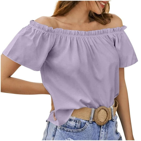 Otntypg Off the Shoulder Tops for Women Elegant Dressy Summer Ruffle Short Sleeve Tunic Blouse Loose Fit Casual Ruched Tshirt Purple M