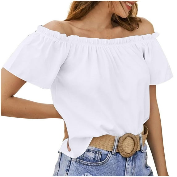 Otntypg Off the Shoulder Tops for Women Elegant Dressy Summer Ruffle Short Sleeve Tunic Blouse Loose Fit Casual Ruched Tshirt White XL