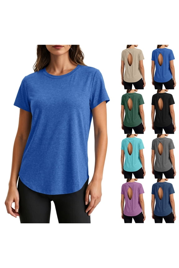 Open Back Workout Tops for Women Summer Short Sleeve Crew Neck Yoga Pilates Tshirts Basic Solid Color Athletic Gym Fitness Tees Shirt