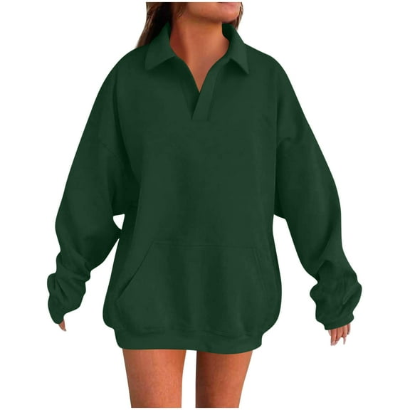 Otntypg Oversized Athletic Sweatshirts for Women Teen Girls Fall Casual V Neck Long Sleeve Basic Collared T-Shirts Loose Comfy Baggy Pullover Tops with Pockets Army Green XXL