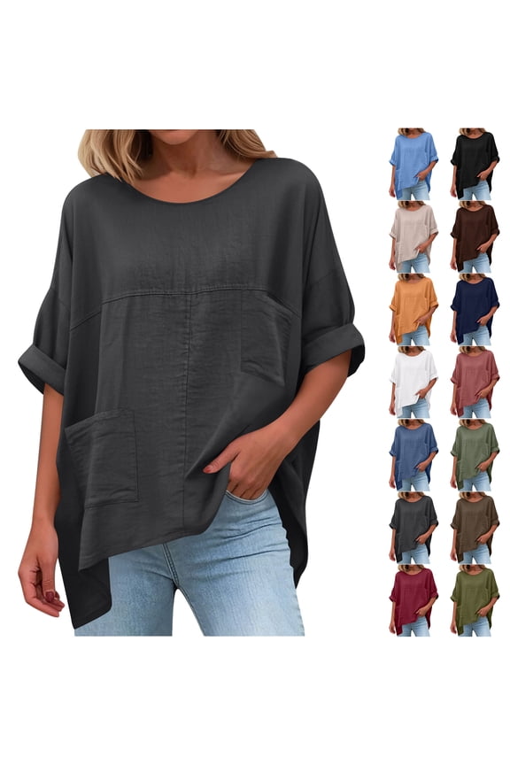 Oversized Baggy Cotton Linen Shirts for Women Lightweight Casual Summer 3/4 Lenght Sleeve Crewneck Pullover Tops Loose Fit Cozy Gauze Tshirt Blouse with Pockets Navy M