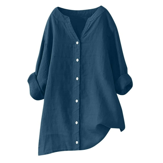 Otntypg Oversized Cotton and Linen Shirts for Women Lightweight Plus Size Casual Rolled up Long Sleeve Button V Neck Solid Color Tunic Blouse Loose Fit Baggy T-Shirts Tops Dark Blue#02 XXL