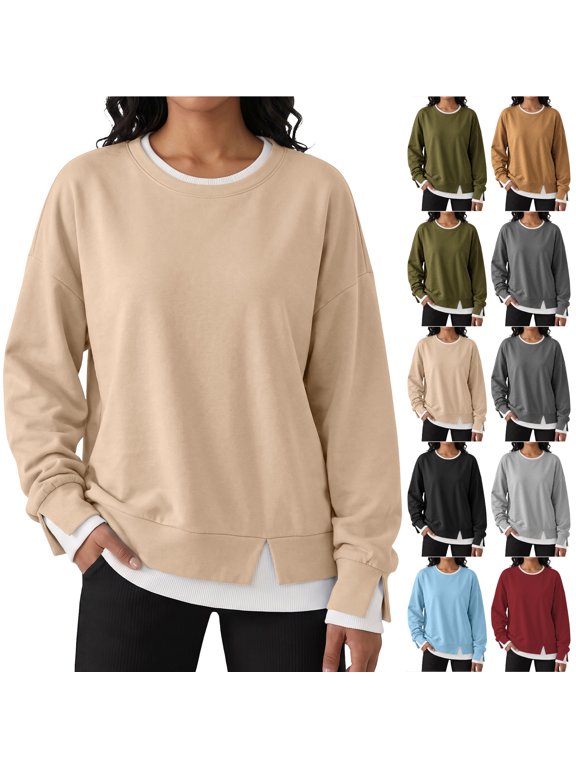 Oversized Crewneck Sweatshirts for Women Loose Fit Casual Long Sleeve Basic Solid Color Pullover Tops Trendy Cozy Faux Layered Side Slit Tunic Blouse
