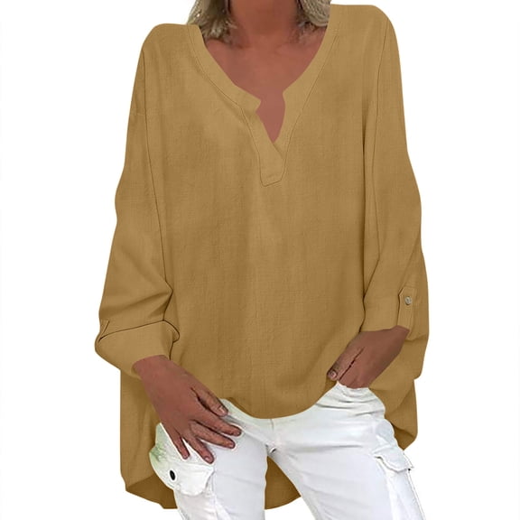 Otntypg Oversized Fall T-Shirts for Women Fall Casual Plus Size V Neck Button Rolled-up Long Sleeve Pullover Tops Trendy Loose Irregular Hem Work Business Tunic Blouses Khaki XL