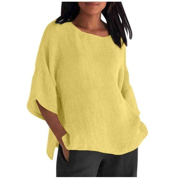 Otntypg Oversized Linen Shirts for Women Long Sleeve Plus Size Tops Gauze Split Side Casual Dressy Blouses Lightweight Crew Neck Loose Cotton Tunic Tops Yellow S