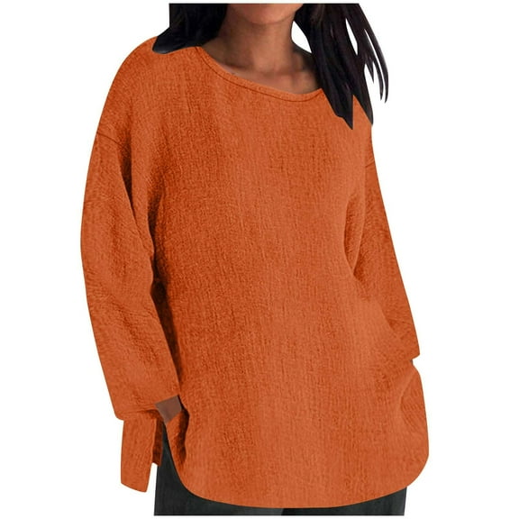 Otntypg Oversized Linen Shirts for Women Long Sleeve Plus Size Tops Gauze Split Side Casual Dressy Blouses Lightweight Crew Neck Loose Cotton Tunic Tops Orange XXL