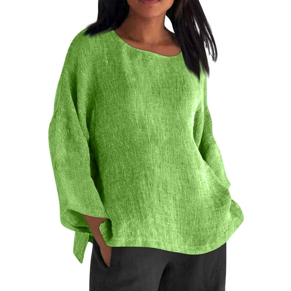 Otntypg Oversized Linen Shirts for Women Long Sleeve Plus Size Tops Gauze Split Side Casual Dressy Blouses Lightweight Crew Neck Loose Cotton Tunic Tops Green#02 S