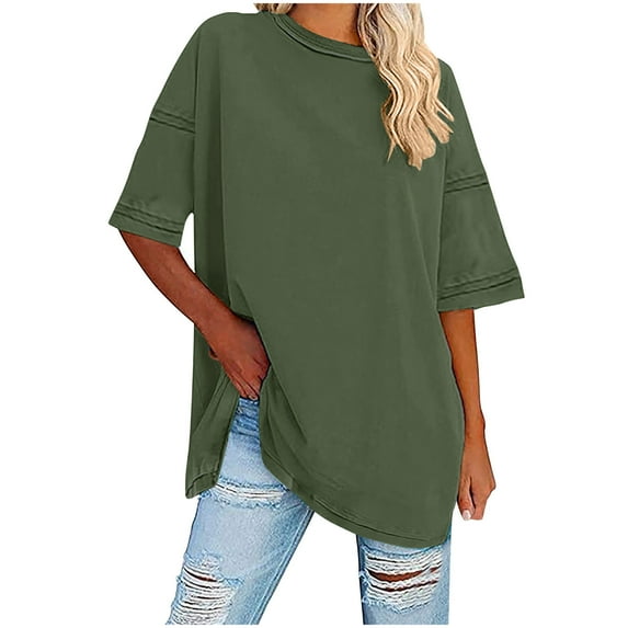 Otntypg Oversized Workout T Shirts for Women Trendy Solid Color Cotton Loose Fit Crewneck Casual Summer Basic Tee Drop Shoulder Tops Army Green L