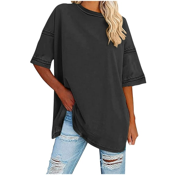 Otntypg Oversized Workout T Shirts for Women Trendy Solid Color Cotton Loose Fit Crewneck Casual Summer Basic Tee Drop Shoulder Tops Black XL