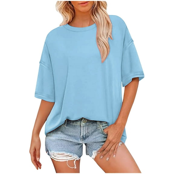 Otntypg Oversized Workout T Shirts for Women Trendy Solid Color Cotton Loose Fit Crewneck Casual Summer Basic Tee Drop Shoulder Tops Blue S