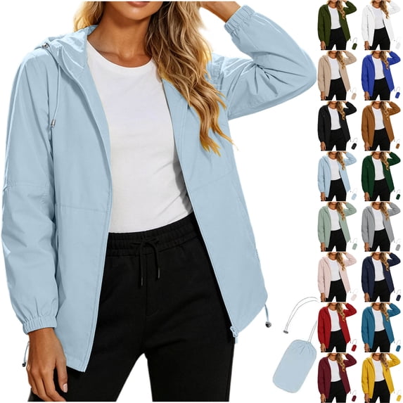 Otntypg Packable Rain Jacket Women Lightweight Full Zip Up Long Sleeve Drawstring Hooded Waterpoof Windbreaker Trendy Outdoor Hiking Travel Lined Raincoat with Pockets