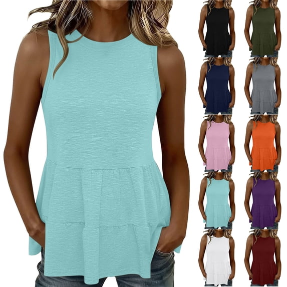 Otntypg Peplum Tops for Women Summer Sleeveless Basic Solid Color Crew Neck Ruffled Tank Tops Trendy Flowy Beach Vacation Tunic Tees Shirt Navy M