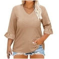 thumbnail image 1 of Otntypg Plus Size 3/4 Length Sleeve Womens Tops Summer Loose V-Neck Eyelet T-Shirts Dressy Casual Ruffle Sleeve Textured Tunic Blouses Coffee L, 1 of 9
