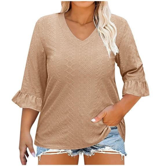 Otntypg Plus Size 3/4 Length Sleeve Womens Tops Summer Loose V-Neck Eyelet T-Shirts Dressy Casual Ruffle Sleeve Textured Tunic Blouses Coffee L