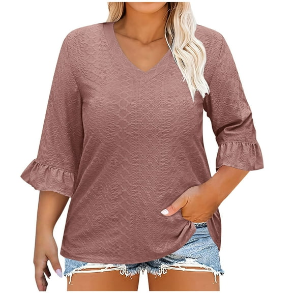 Otntypg Plus Size 3/4 Length Sleeve Womens Tops Summer Loose V-Neck Eyelet T-Shirts Dressy Casual Ruffle Sleeve Textured Tunic Blouses Rose Gold L