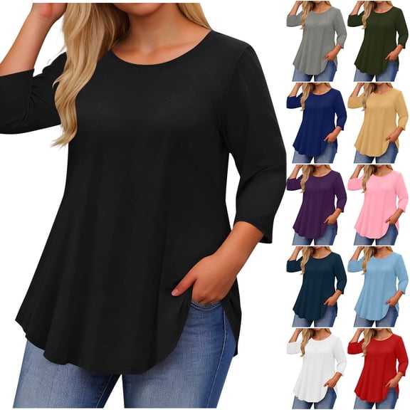 Otntypg Plus Size 3/4 Length Sleeve Womens Tops Trendy Basic Solid Color Crew Neck Dressy Tunic Tops Loose Flowy Irregular Hem Blouse Shirts Khaki XXL