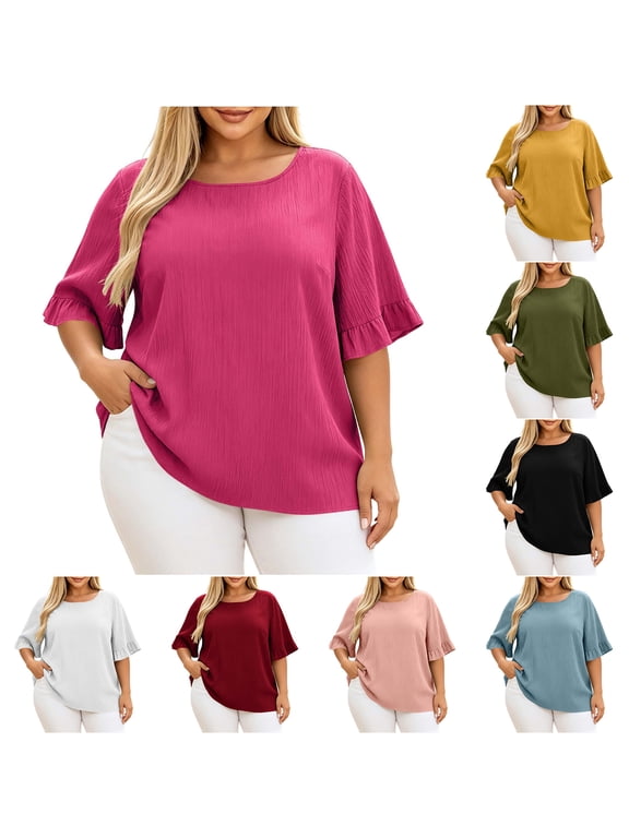 Plus Size Blouses for Women Casual Summer Elbow Length Bell Sleeve Crewneck T-Shirts Trendy Oversized Basic Solid Color Tees Shirt Tops