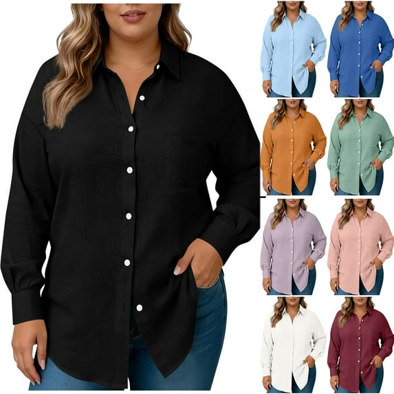 Otntypg Plus Size Button Down Shirts for Women Long Sleeve Collared Casual Shirt Trendy Oversized Solid Color Office Work Classic Blouse Tops with Pockets Blue L