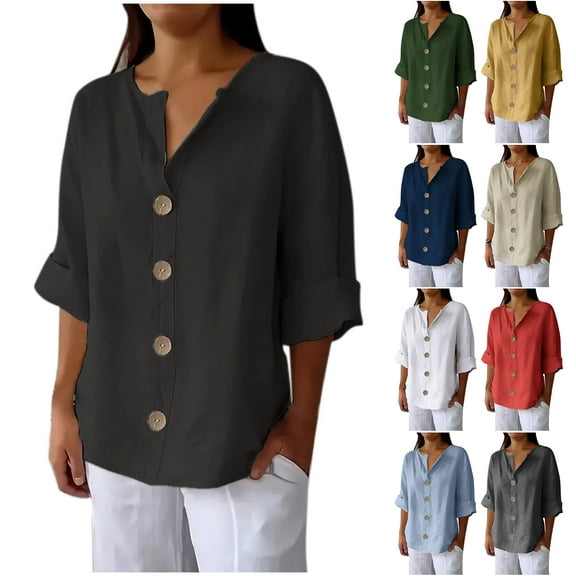 Otntypg Plus Size Cotton Linen Shirt for Women Summer Button V Neck 3/4 Roll-Up Sleeve Beach Vacation Tees Tops Casual Loose Solid Work Business Blouses Dark Blue L