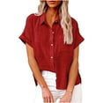 thumbnail image 1 of Otntypg Plus Size Linen Shirts for Women Lightweight Casual Summer Short Sleeve Button Down Beach Hawaiian Vacation Tees Shirt Tops Trendy Oversized Cotton Collared Tshirt with Pockets A-Red#02 S, 1 of 9
