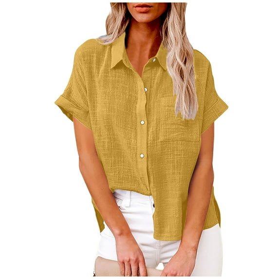 Otntypg Plus Size Linen Shirts for Women Lightweight Casual Summer Short Sleeve Button Down Beach Hawaiian Vacation Tees Shirt Tops Trendy Oversized Cotton Collared Tshirt with Pockets B-Yellow XXL