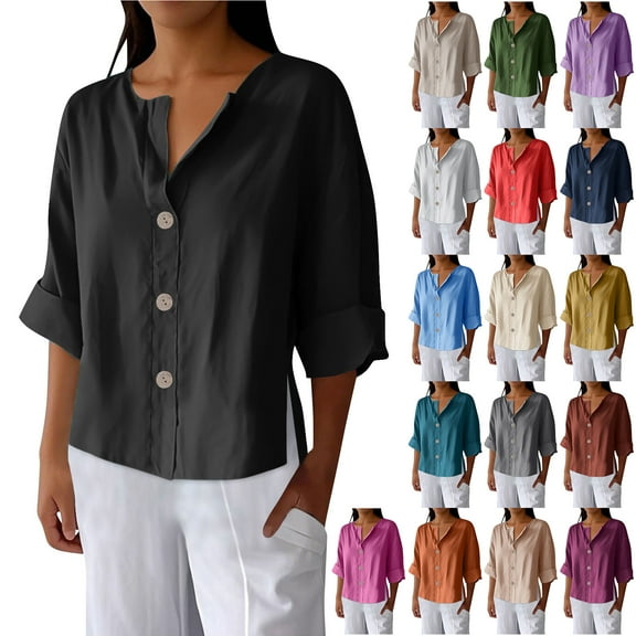 Otntypg Plus Size Linen Tops for Women Summer V Neck Roll-up 3/4 Length Sleeve Womens Oversized Cotton T-Shirts Lightweight Casual Loose Fit Blouses with Decorative Buttons Pink#01 XXL