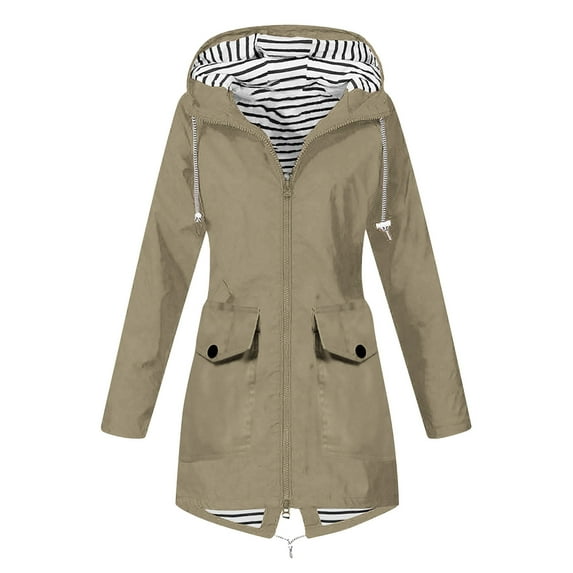 Otntypg Plus Size Rain Jacket for Women Lightweight Full Zip up Drawstring Long Hooded Raincoat Waterproof Outdoor Travel Hiking Windbreaker Trench Coats with Pockets Beige XXL