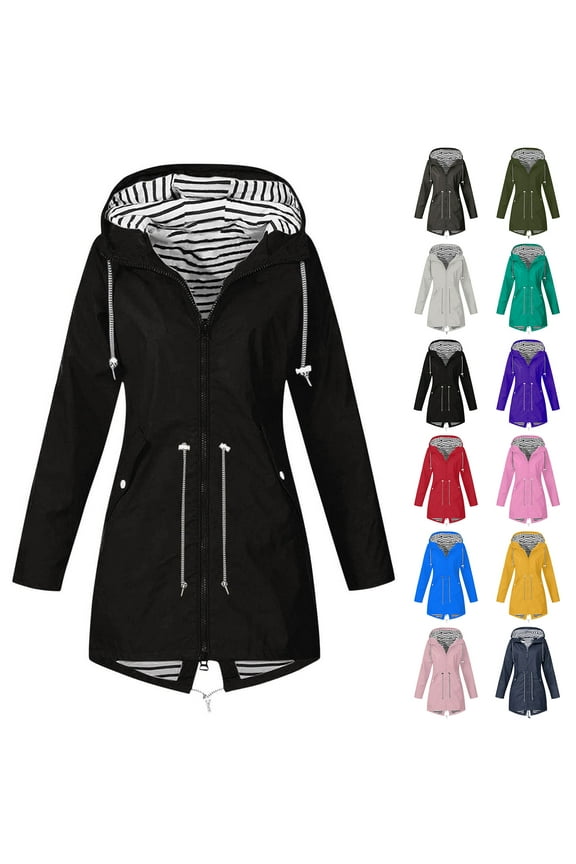 Plus Size Raincoat for Women Waterproof with Hood Lightweight Packable Drawstring Elastic Waist Long Hooded Trench Coats Full Zip up Windbreaker Travel Jacket Navy XXXXL