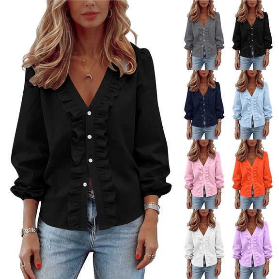 Otntypg Plus Size Ruffled Trim V Neck Tops for Women Summer Dressy Casual Elegant Puff Long Sleeve Button Down Tunic Blouse Trendy Work Businee Shirts Pink XL