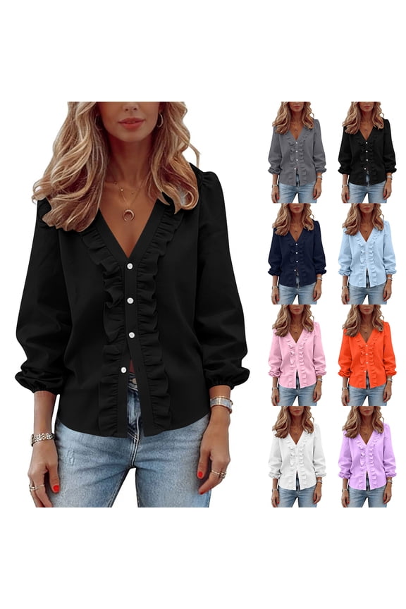 Plus Size Ruffled Trim V Neck Tops for Women Summer Dressy Casual Elegant Puff Long Sleeve Button Down Tunic Blouse Trendy Work Businee Shirts Pink XXL