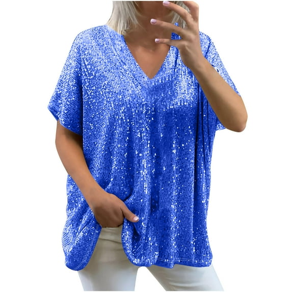 Otntypg Plus Size Sequin Tops for Women Dressy Casual Short Sleeve Party Blouse Evening Sparkle Shimmer Sexy Deep V Neck Loose Flowy Glitter Shirt Blue#03 M