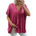 thumbnail image 1 of Otntypg Plus Size Sequin Tops for Women Dressy Casual Short Sleeve Party Blouse Evening Sparkle Shimmer Sexy Deep V Neck Loose Flowy Glitter Shirt Hot Pink#01 XXXL, 1 of 7